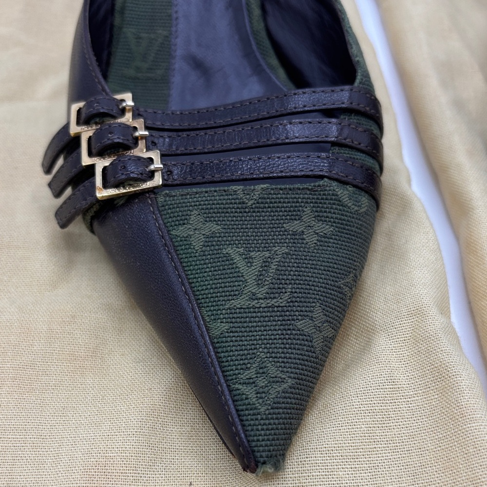 Louis Vuitton 6am Olive Green Monogram Pointed Mule with Brown Straps - size 38 - Picture 3 of 9